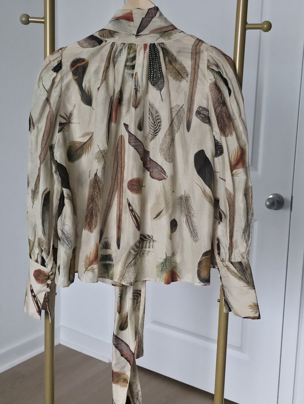 Banana Republic Harper Cotton-Silk Blouse, Size Small, Neutral, Feather Print - Picture 5 of 13